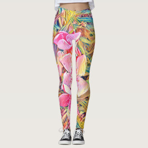 Pink Orchid and Tropical Palm Leaf Print L Leggings