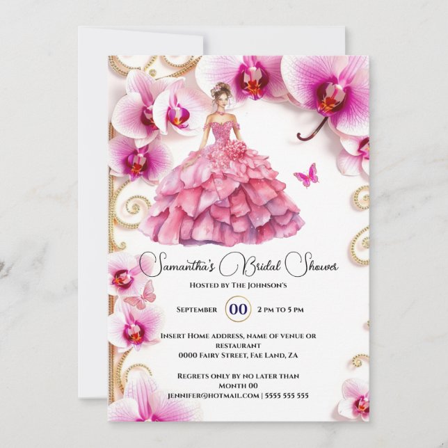 Pink orchid ballgown floral flowers bride to be  invitation (Front)