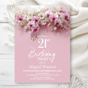 Pink Orchid Floral 21st Birthday Party Invitation