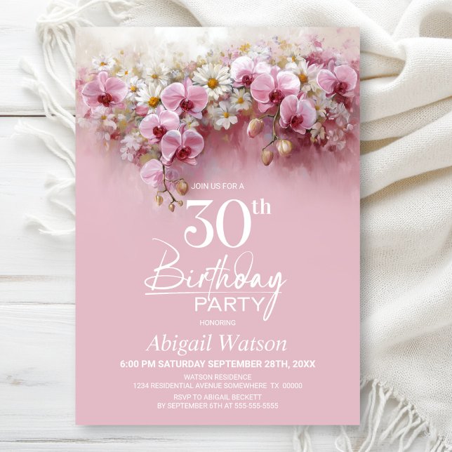Pink Orchid Floral 30th Birthday Party Invitation (Creator Uploaded)