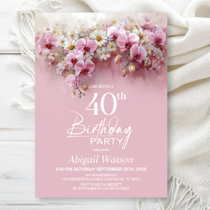 Pink Orchid Floral 40th Birthday Party Invitation