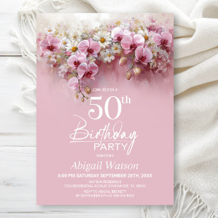 Pink Orchid Floral 50th Birthday Party Invitation