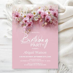 Pink Orchid Floral Any Age Birthday Party Invitation