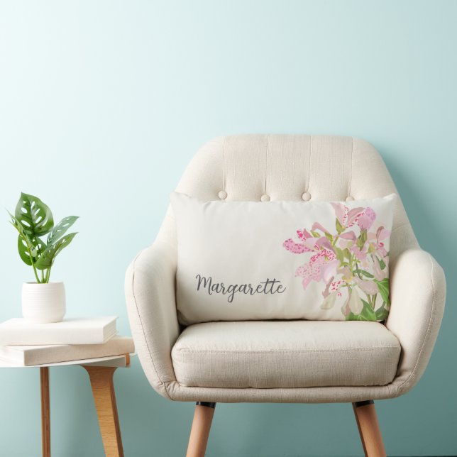 Pink Orchid Floral Design – Elegant Botanical Art Lumbar Cushion (Chair)