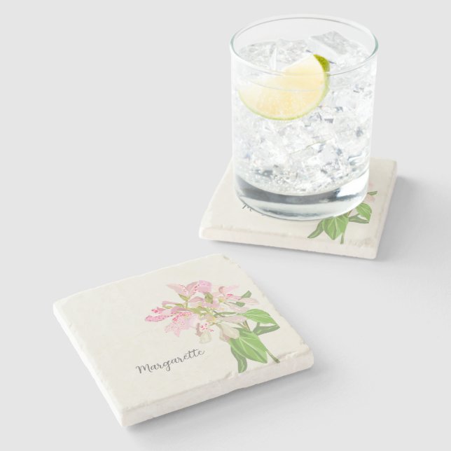 Pink Orchid Floral Design – Elegant Botanical Art Stone Coaster (Side)