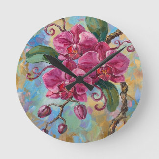 Pink Orchid Floral Painting Round Clock