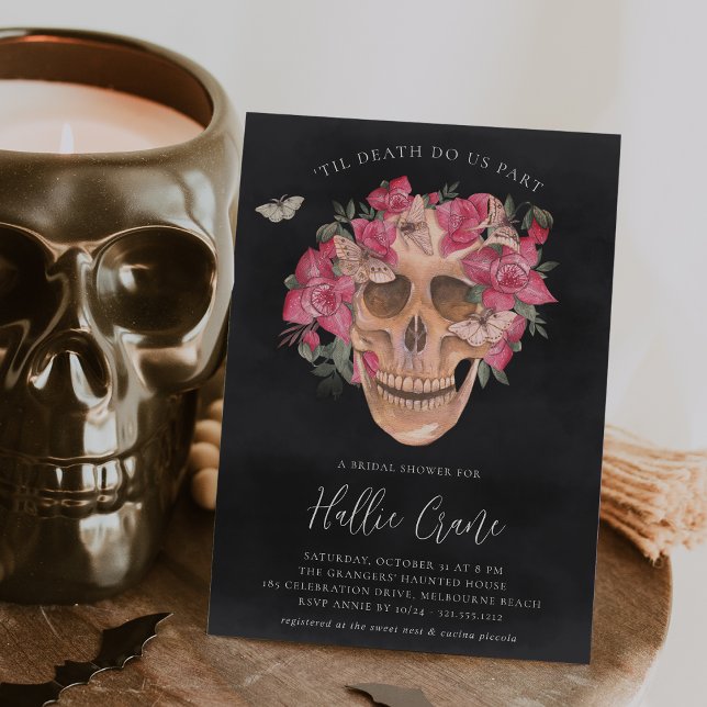 Pink Orchid Floral Skull Halloween Bridal Shower Invitation (Creator Uploaded)