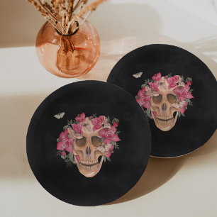 Pink Orchid Floral Skull Halloween Party Paper Plate