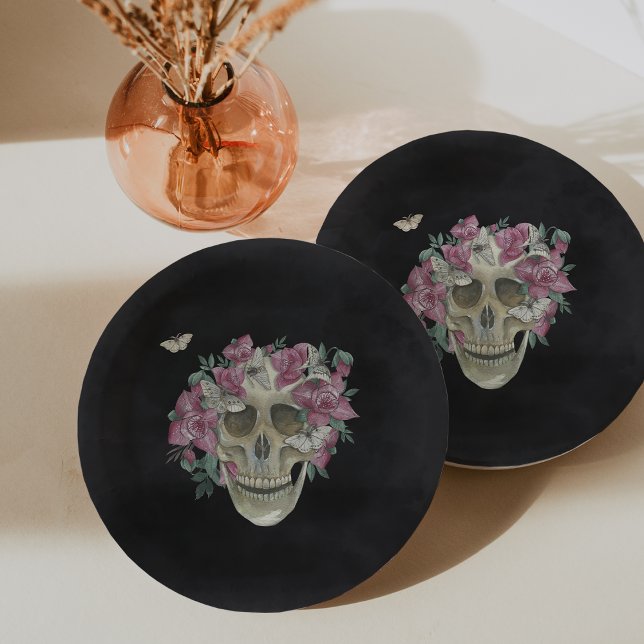 Pink Orchid Floral Skull Halloween Party Paper Plate (Creator Uploaded)