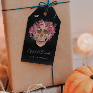 Pink Orchid Floral Skull Personalised Halloween Gift Tags