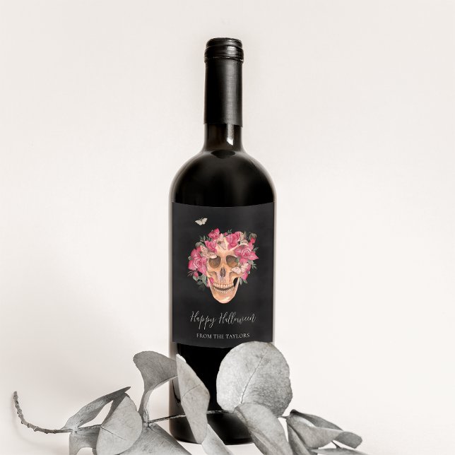 Pink Orchid Floral Skull Personalised Halloween Wine Label (Creator Uploaded)