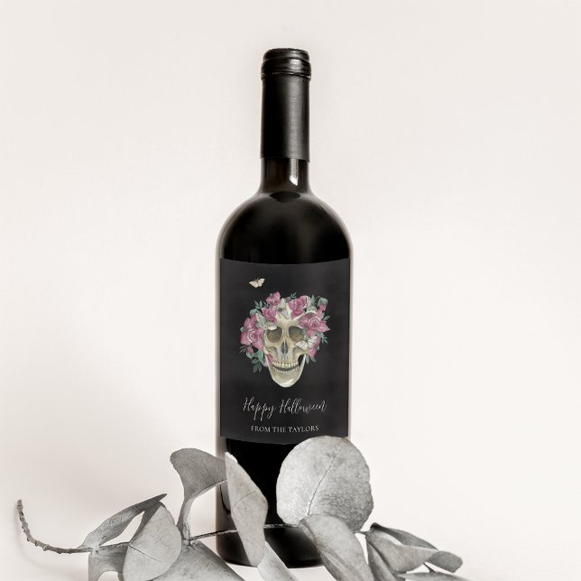 Pink Orchid Floral Skull Personalised Halloween Wine Label (Creator Uploaded)