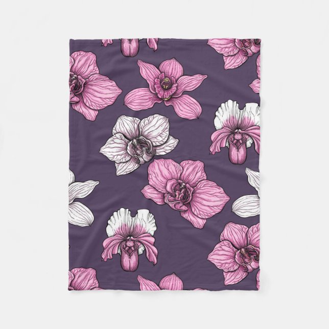 Pink orchid flowers fleece blanket (Front)