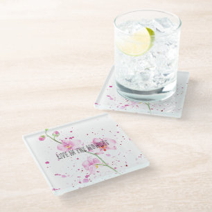 Pink Orchid Flowers Glass Coaster