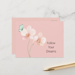 Pink Orchid Flowers Mint Green Butterfly Postcard