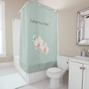 Pink Orchid Flowers Mint Green Butterfly Shower Curtain