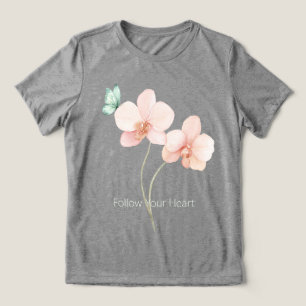 Pink Orchid Flowers Mint Green Butterfly Tri-Blend Shirt
