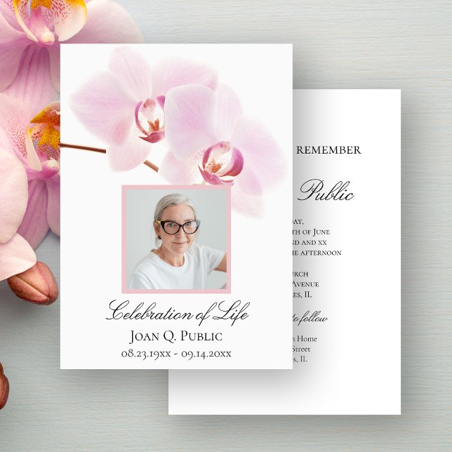 Pink Orchid Flowers on White Celebration of Life Invitation (Creator Uploaded)
