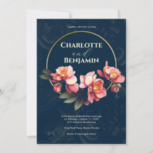 Pink Orchid Flowers Round Frame Wedding Invitation