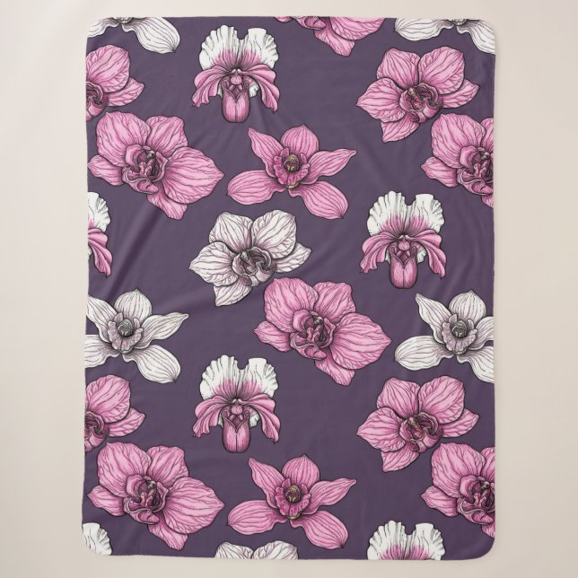 Pink orchid flowers sherpa blanket (Front)