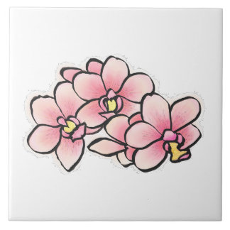 Pink Orchid Flowers Watercolor Design Tile
