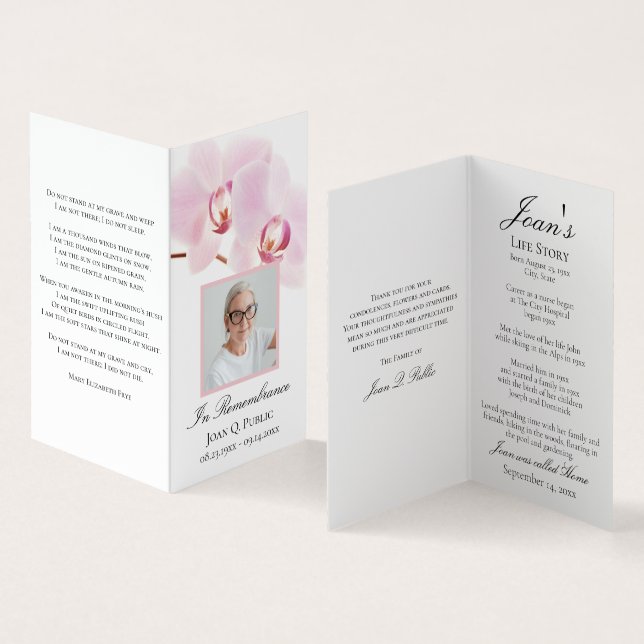 Pink Orchid Flowers White Funeral Memorial Prayer Business Card (Inside and Outside)