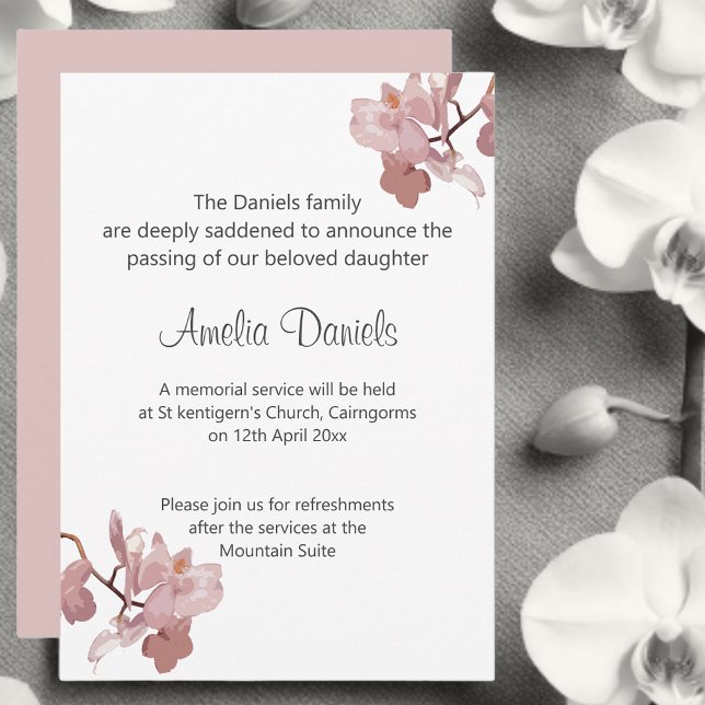 Pink Orchid Funeral Announcement Card (Creator Uploaded)