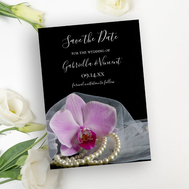 Pink Orchid Pearls on Black Wedding Save the Date (Creator Uploaded)