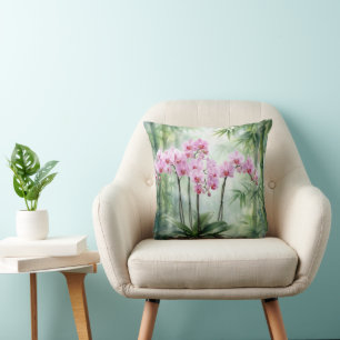 Pink Orchid Plant On Bamboo Background Cushion
