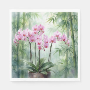 Pink Orchid Plant On Bamboo Background Napkin