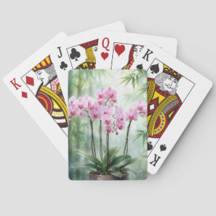 Pink Orchid Plant On Bamboo Background Playing Cards