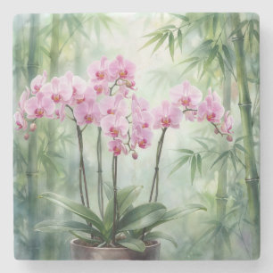 Pink Orchid Plant On Bamboo Background Stone Coaster