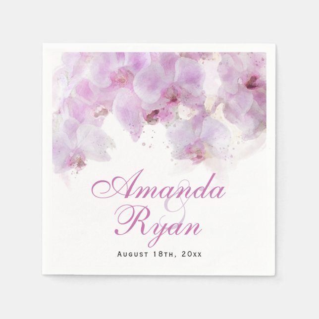 Pink Orchid Watercolor Flower Floral Wedding Napkin (Front)