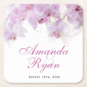 Pink Orchid Watercolor Flower Floral Wedding Square Paper Coaster