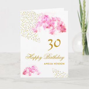 Pink Orchid Watercolor Gold Glitter 30th Birthday Card