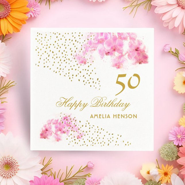Pink Orchid Watercolor Gold Glitter 50th Birthday Napkin (Creator Uploaded)