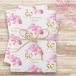 Pink Orchid Watercolor Gold Glitter 50th Birthday Wrapping Paper Sheet