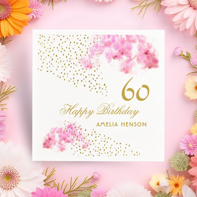 Pink Orchid Watercolor Gold Glitter 60th Birthday Napkin (Creator Uploaded)