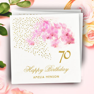 Pink Orchid Watercolor Gold Glitter 70th Birthday Napkin