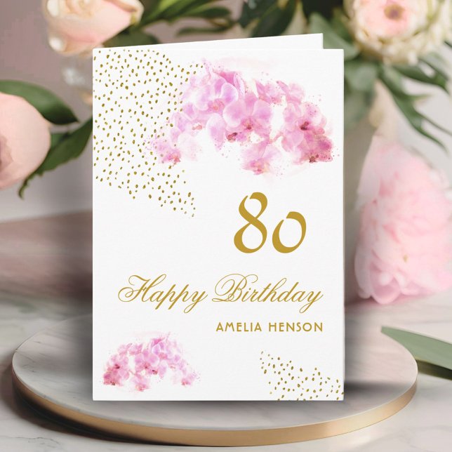 Pink Orchid Watercolor Gold Glitter 80th Birthday Card (Creator Uploaded)