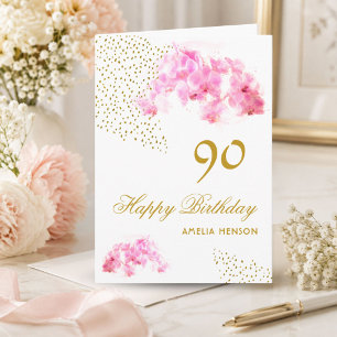 Pink Orchid Watercolor Gold Glitter 90th Birthday Card