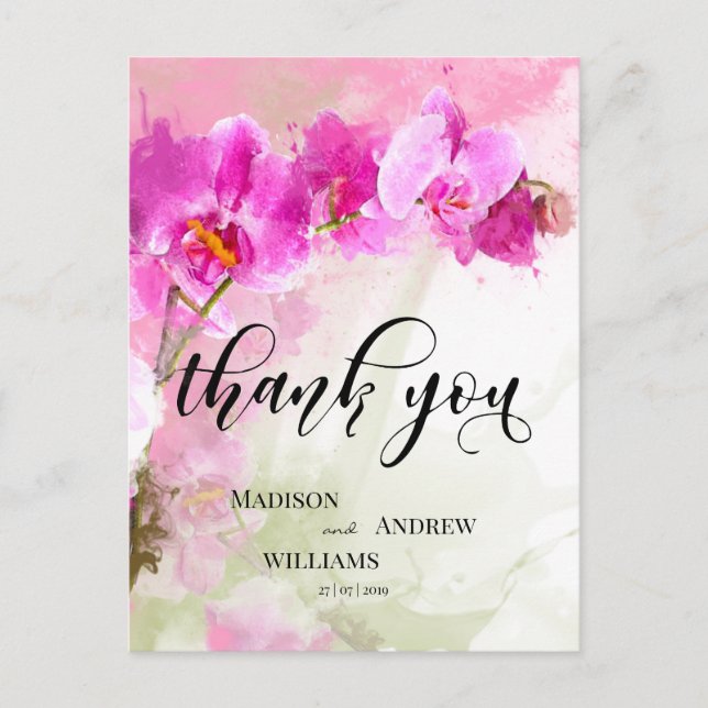 Pink Orchid Watercolor Splash Thank You Postcard (Front)