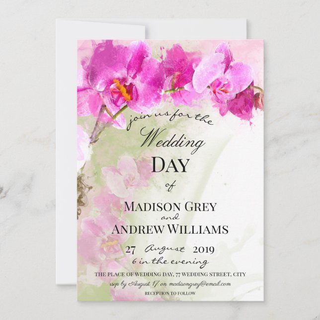 Pink Orchid Watercolor Splash Wedding Invitation (Front)