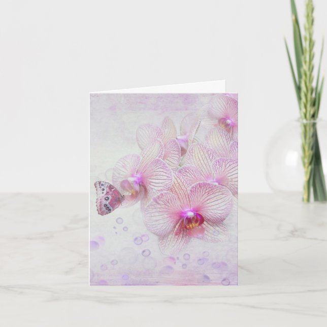 Pink Orchids and Butterfly Note Card (Front)