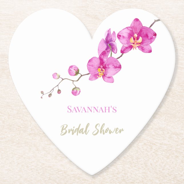 Pink Orchids Bridal Shower Paper Coaster (Front)