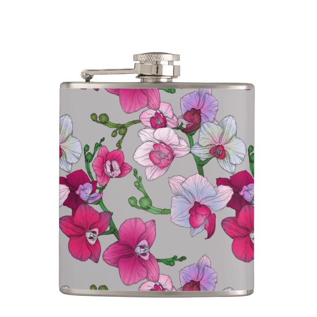 Pink Orchids In Bloom Hip Flask (Front)