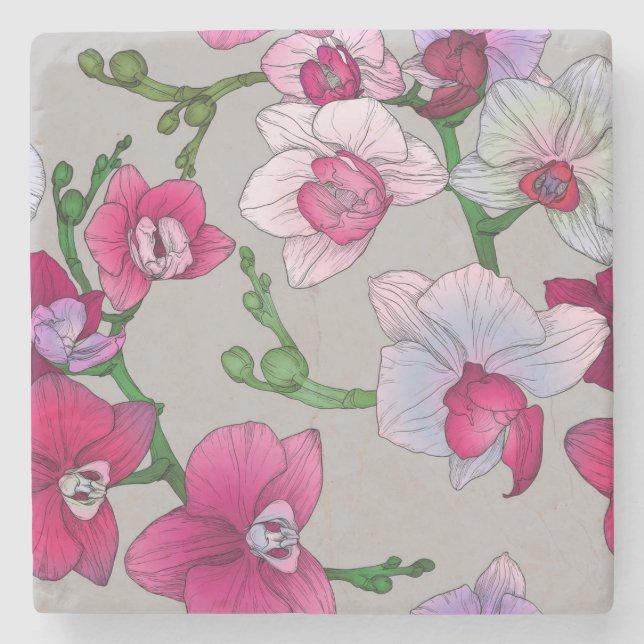 Pink Orchids In Bloom Stone Coaster (Front)