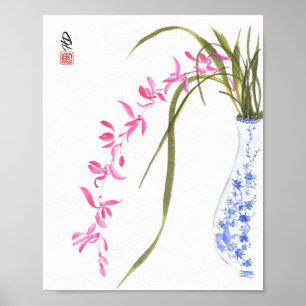 Pink Orchids in Blue and White Vase Watercolor Art Poster