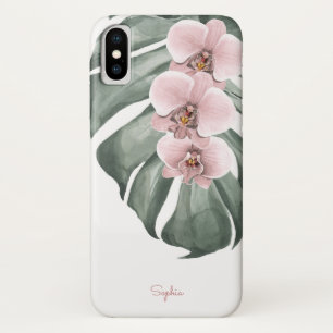 Pink Orchids on Monstera Tropical Floral with Name Case-Mate iPhone Case
