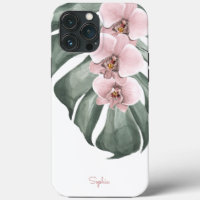 Pink Orchids on Monstera Tropical Floral with Name
